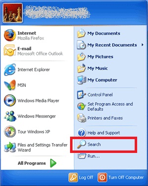 windows xp search button