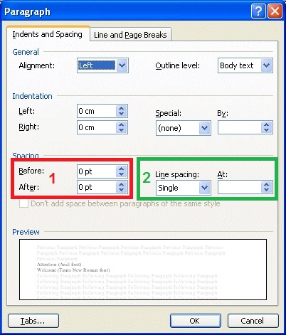 word 2003 paragraph and line spacing