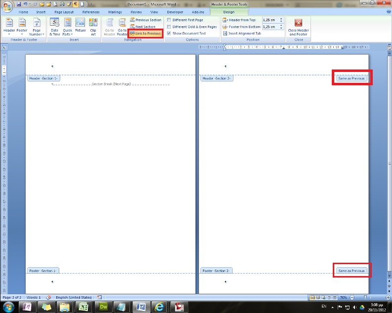 word 2007 different header and footer in sections