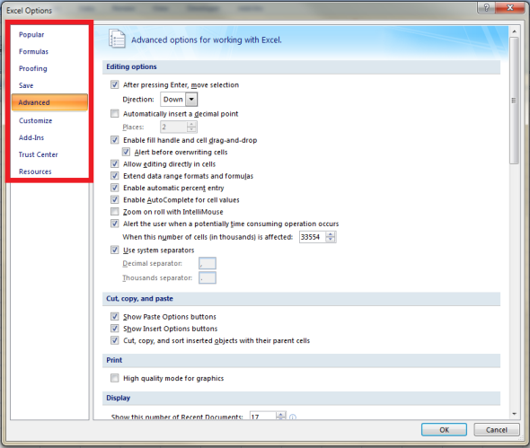 excel 2007 options